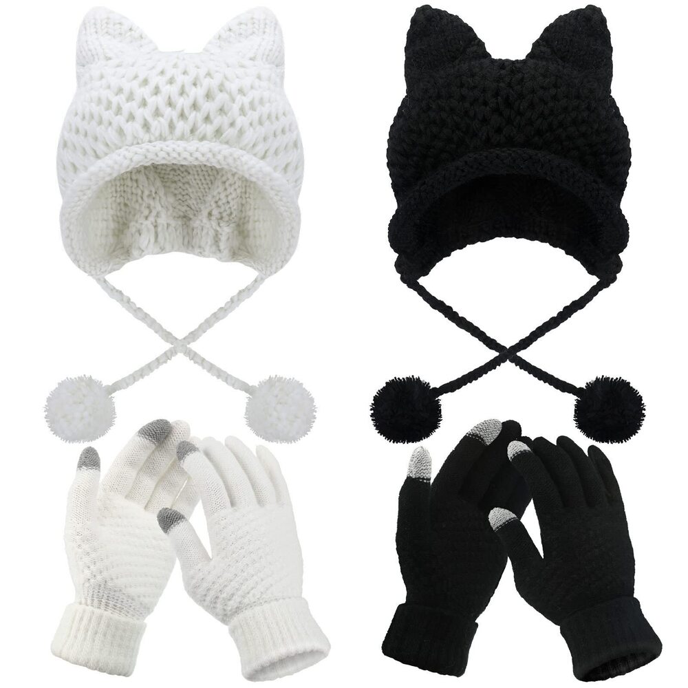 2464 4 Pieces Winter Cat Ear Beanie Knit Hat Touchscreen Gloves Set 2 Pcs